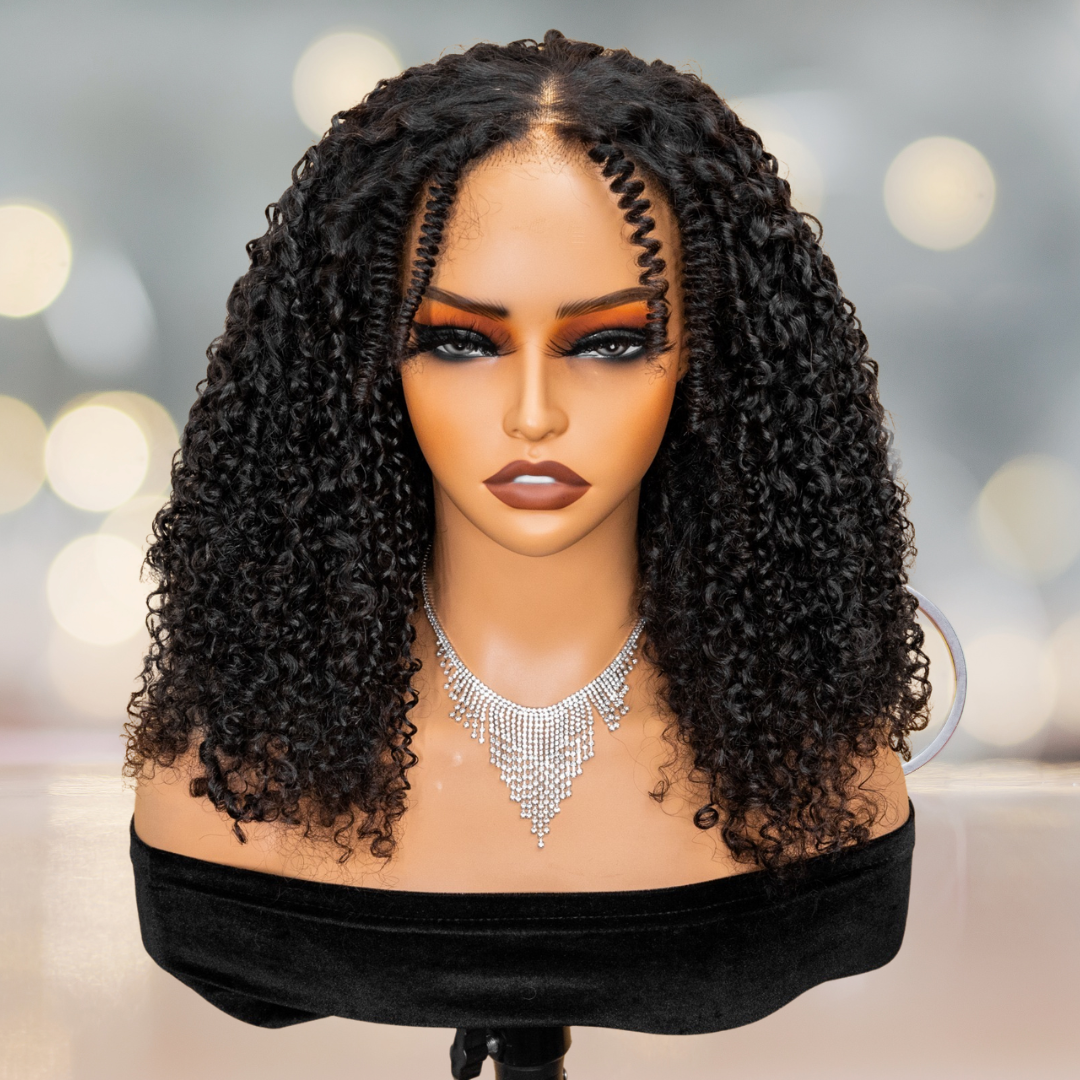 Kinky curly HD lace closure wig with finger-coiled bangs and 250% density
