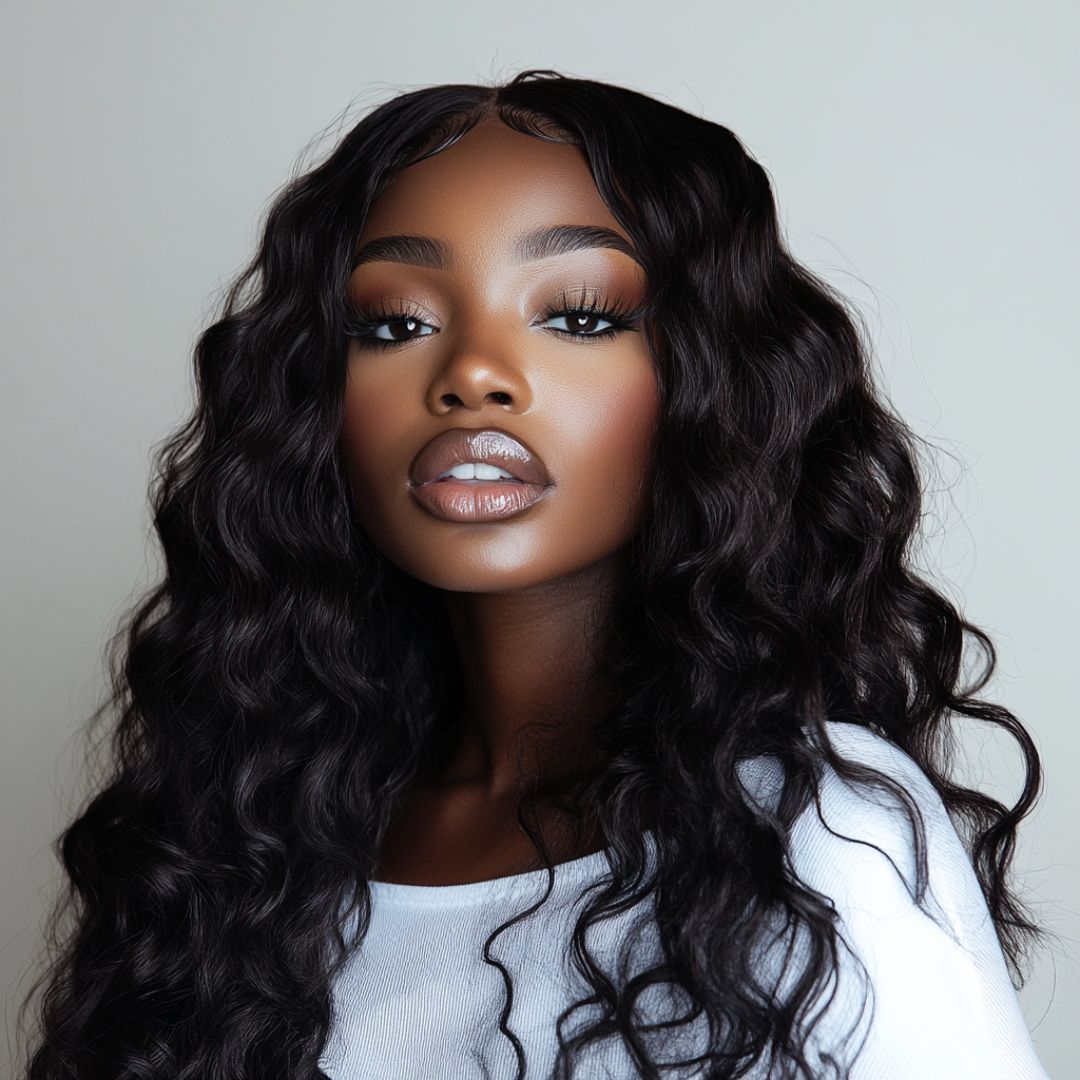 Model wearing 200% density glueless wig with soft waves