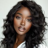 Model wearing 200% density glueless wig with soft waves