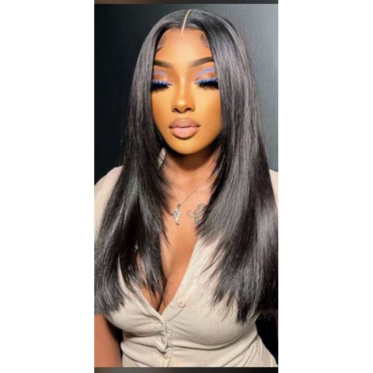 Straight HD lace closure wig in natural black with pre-plucked hairline and pre-cut lace.