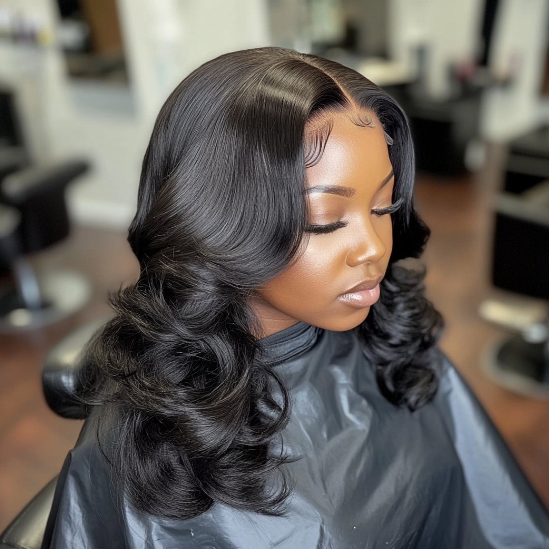 Layered lace closure wig with pre-bleached knots and glueless styled with soft curls.