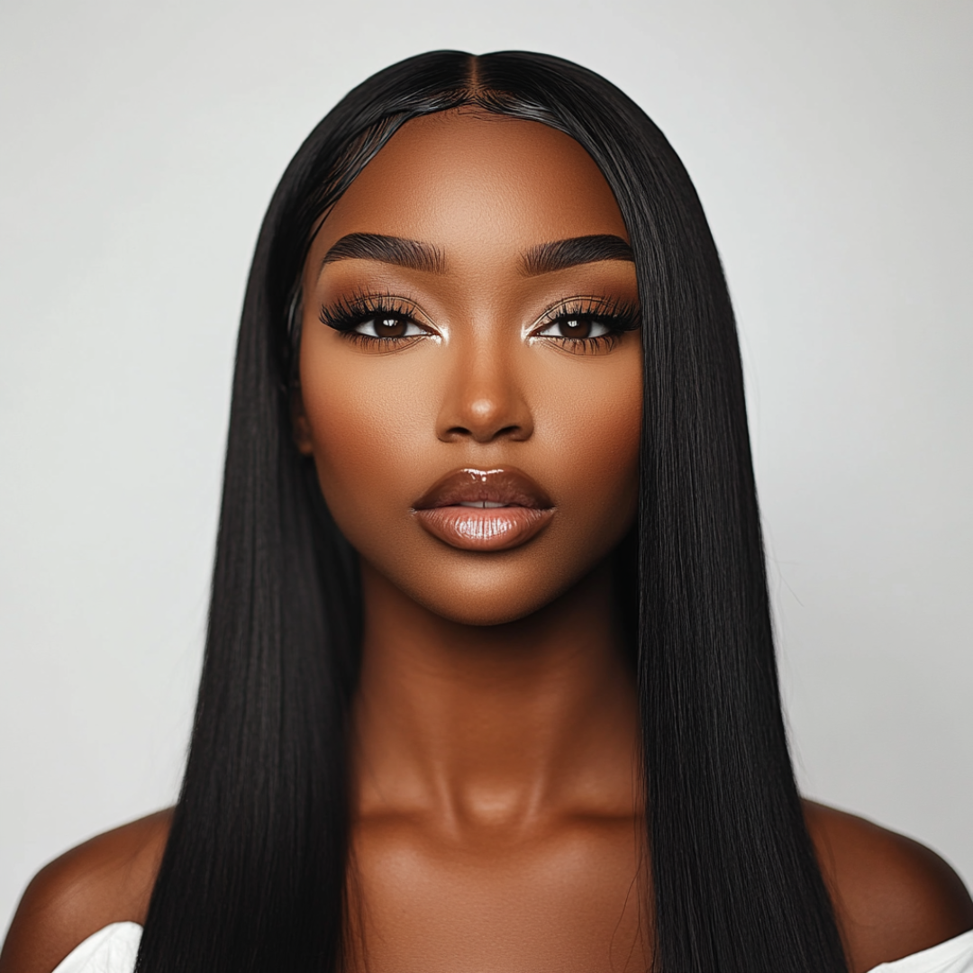 Model wearing 200% density glueless wig straight texture