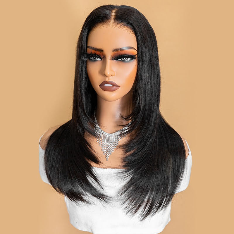 Layered lace closure wig with pre-bleached knots and glueless design.