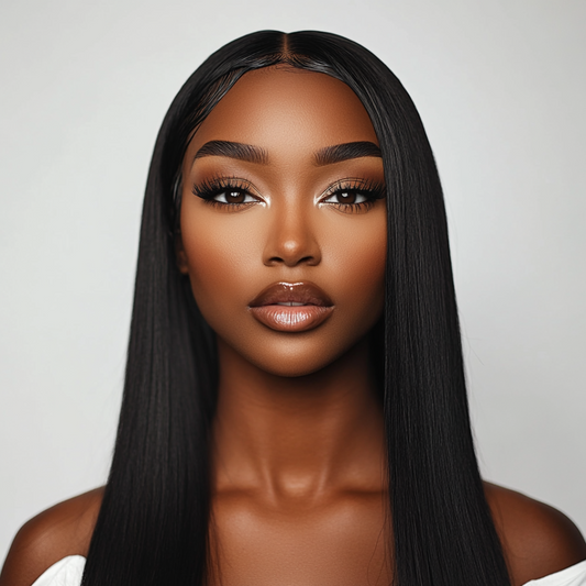 Model wearing 200% density glueless wig straight texture
